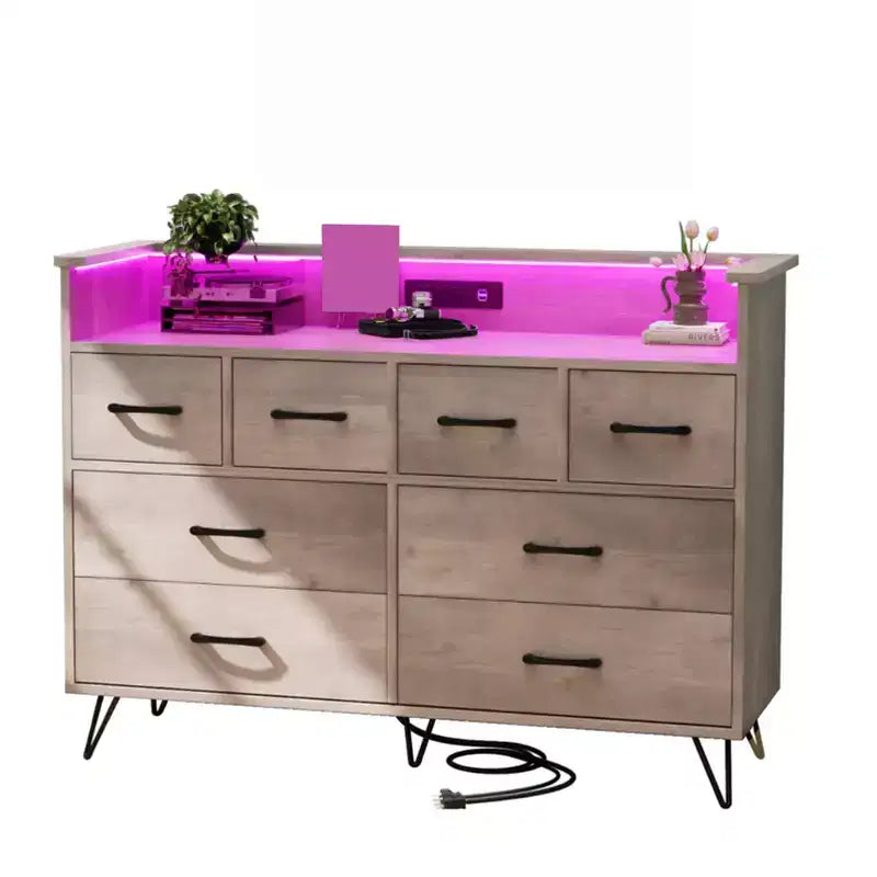 Commode 8 tiroirs, Meuble TV de chambre avec lumières LED et prise de courant, Grande commode pour couloir, salon, entrée