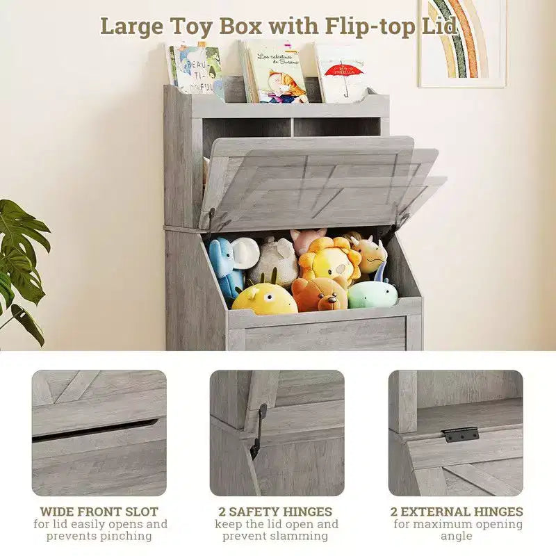 Coolmee Étagère à Livres pour Enfants en Bois de 121,4 cm avec Couvercle Rabattable, Organisateur de Rangement de Jouets pour Garçons et Filles pour Salle de Jeux, Chambre, Crèche et Maternelle
