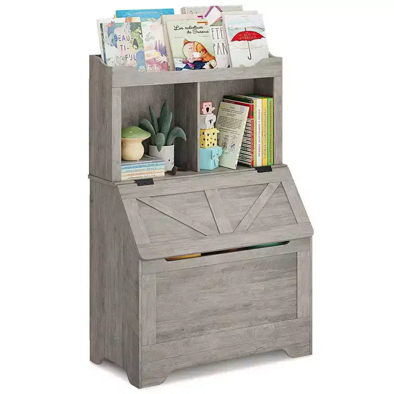 Coolmee Étagère à Livres pour Enfants en Bois de 121,4 cm avec Couvercle Rabattable, Organisateur de Rangement de Jouets pour Garçons et Filles pour Salle de Jeux, Chambre, Crèche et Maternelle