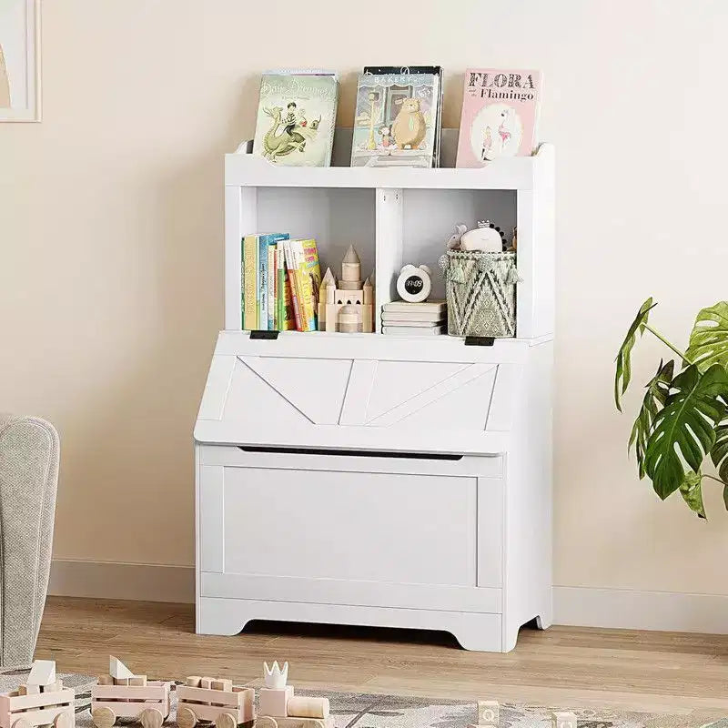 Coolmee Étagère à Livres pour Enfants en Bois de 121,4 cm avec Couvercle Rabattable, Organisateur de Rangement de Jouets pour Garçons et Filles pour Salle de Jeux, Chambre, Crèche et Maternelle