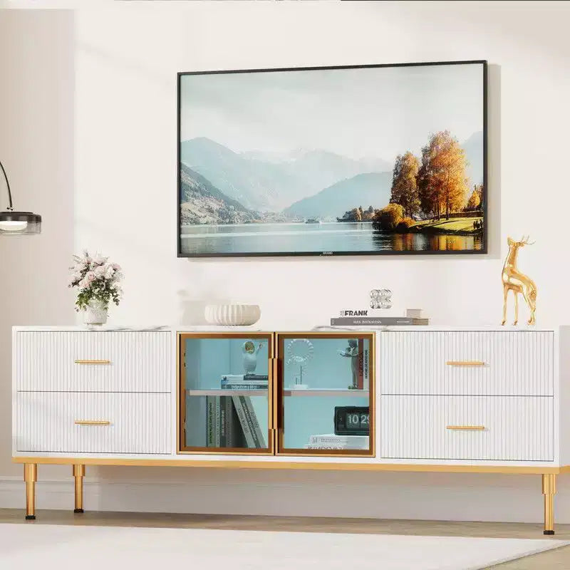 Meuble TV lumineux à LED pour téléviseurs de 55 à 75 pouces, centre de divertissement moderne avec tiroirs et étagères, portes vitrées, meubles de salon