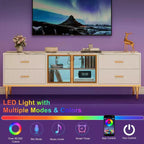 Meuble TV lumineux à LED pour téléviseurs de 55 à 75 pouces, centre de divertissement moderne avec tiroirs et étagères, portes vitrées, meubles de salon