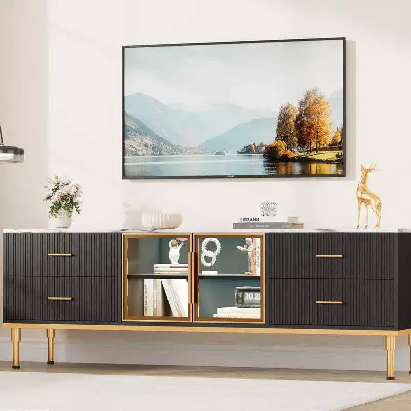 Meuble TV lumineux à LED pour téléviseurs de 55 à 75 pouces, centre de divertissement moderne avec tiroirs et étagères, portes vitrées, meubles de salon