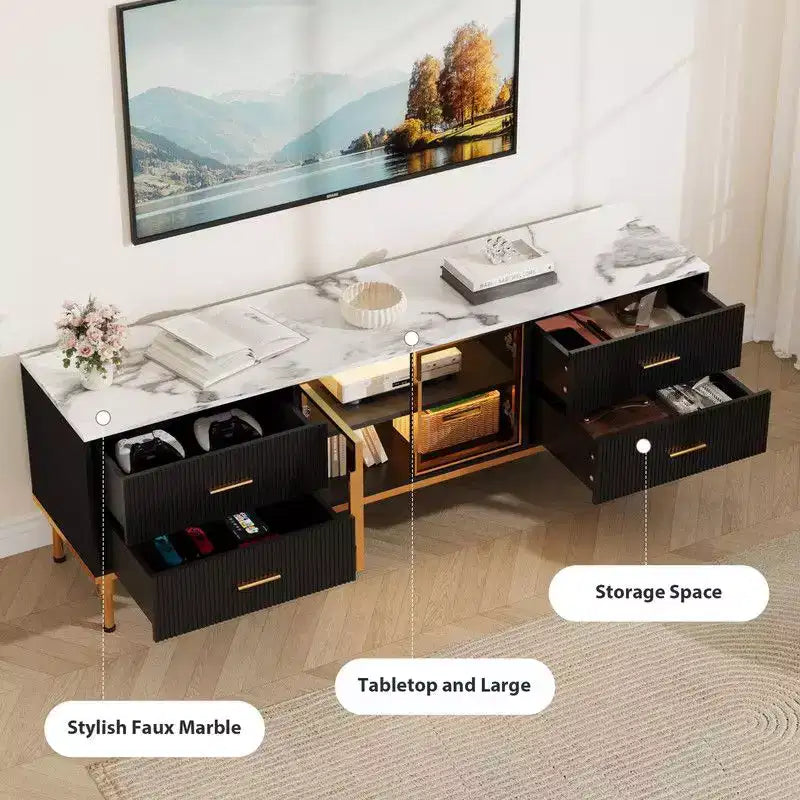 Meuble TV lumineux à LED pour téléviseurs de 55 à 75 pouces, centre de divertissement moderne avec tiroirs et étagères, portes vitrées, meubles de salon