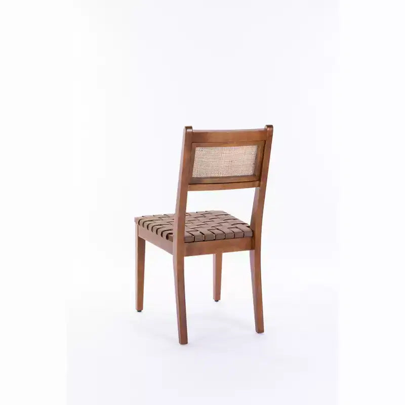 GDFStudio Karter Chaise de salle à manger moderne en bois d'hévéa et similicuir avec dossier en rotin (Lot de 2)