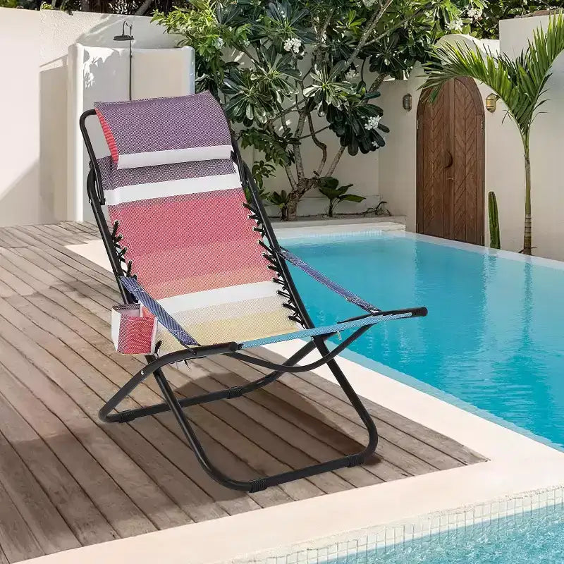 Chaises de plage pour adultes, chaise pliante portable avec appuie-tête et porte-gobelet, chaises de camping pour la plage et le jardin, supporte jusqu'à 113 kg
