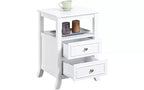 Table d'appoint HomeStock Belmont élégante et de style transitoire avec deux tiroirs, une étagère ouverte, des poignées en étain et des pieds en sabre pour le rangement dans le salon