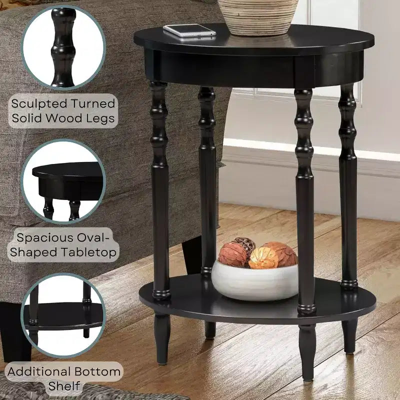 HomeStock Belmont Table d'appoint ovale 52 cm, Table d'appoint traditionnelle en bois massif avec étagère de rangement inférieure pour le salon ou le bureau
