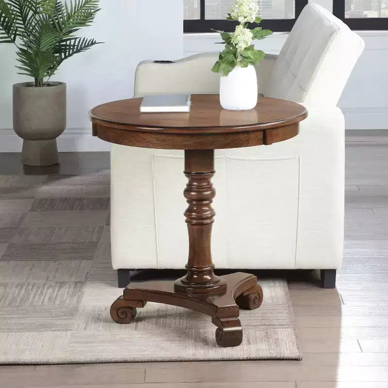 HomeStock Belmont, Table d'appoint avec piedestal, fini placage de bois massif, pied tourné, pieds volutes, table d'appoint traditionnelle pour toute pièce