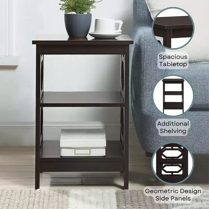 Table d'appoint Belmont de HomeStock avec découpes octogonales et trois étagères, table d'appoint contemporaine élégante pour le rangement et la décoration dans n'importe quelle pièce de la maison