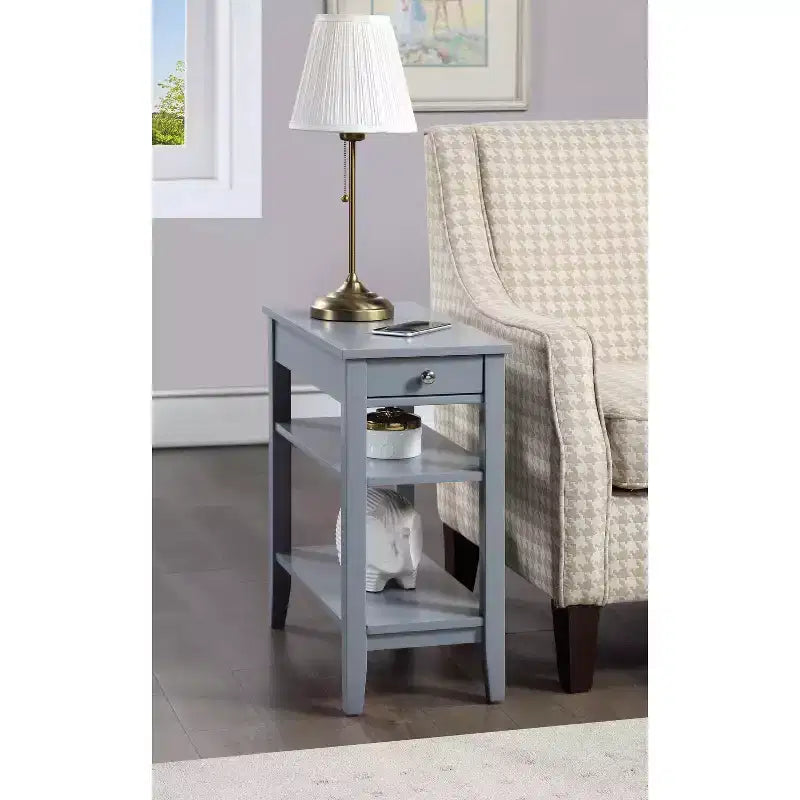 HomeStock Belmont End Table with Smooth Drawer, Nickel Knob and Three Tier Storage Shelving, Transitional Side Table for Living Room or Office