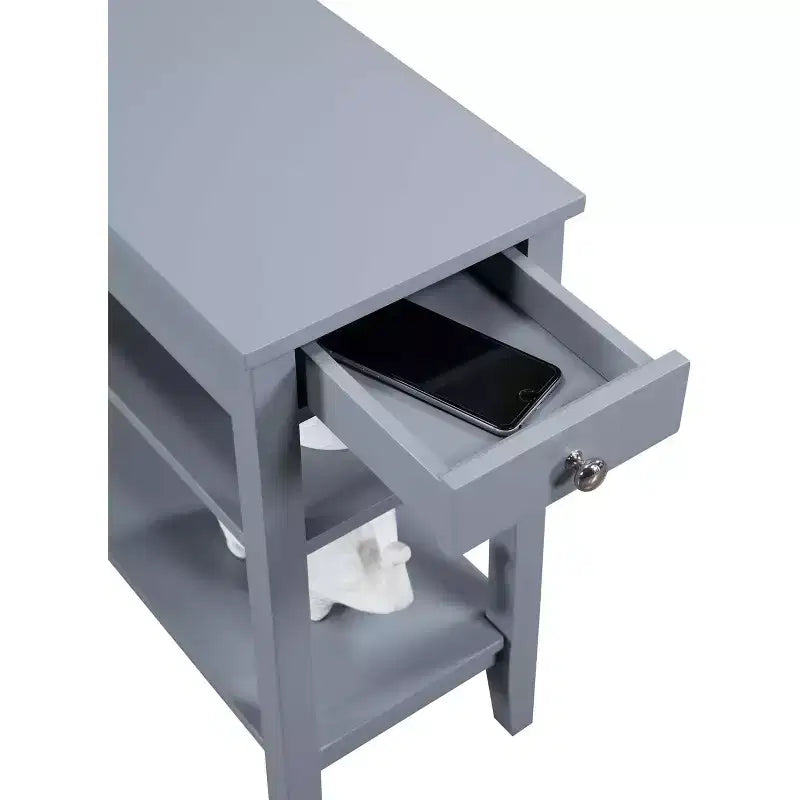 Table d'appoint Belmont HomeStock avec tiroir coulissant, bouton nickel et trois étagères de rangement, table d'appoint de style transitionnel pour salon ou bureau