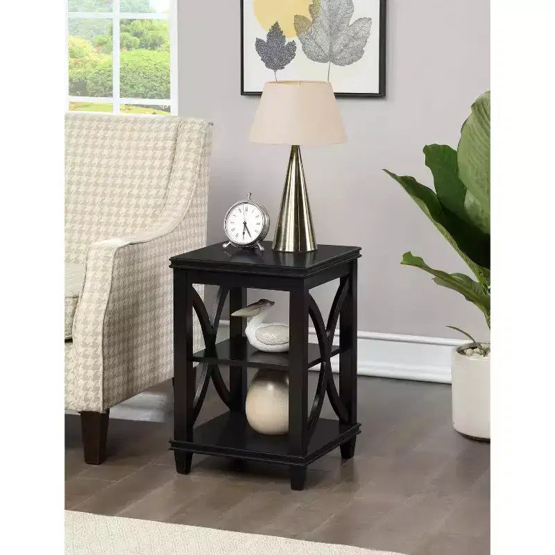 HomeStock Belmont End Table with Soft X-Shaped Side Design and Two Tier Shelves, Solid Rubberwood with Oak Veneer for Living Room Storage