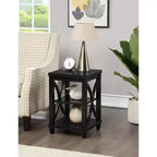 HomeStock Belmont End Table with Soft X-Shaped Side Design and Two Tier Shelves, Solid Rubberwood with Oak Veneer for Living Room Storage
