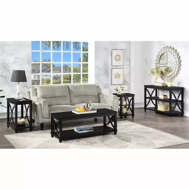 Table d'appoint HomeStock Belmont avec côtés en X doux et deux étagères, en bois d'hévéa massif avec placage de chêne pour le rangement du salon