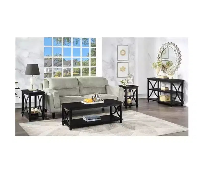 Table d'appoint HomeStock Belmont avec côtés en X doux et deux étagères, en bois d'hévéa massif avec placage de chêne pour le rangement du salon
