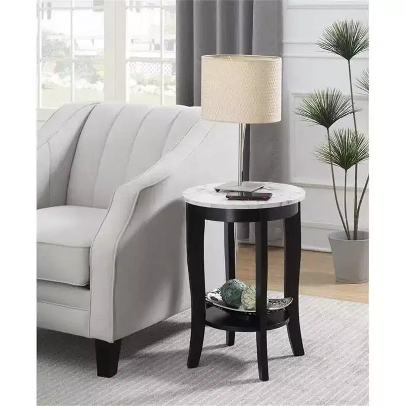 Table d'appoint Belmont avec tiroir et tablette coulissante HomeStock, plateau élégant en faux marbre avec finition noire, table de rangement stylée pour le salon