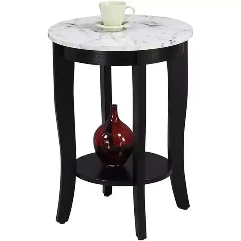 Table d'appoint Belmont avec tiroir et tablette coulissante HomeStock, plateau élégant en faux marbre avec finition noire, table de rangement stylée pour le salon