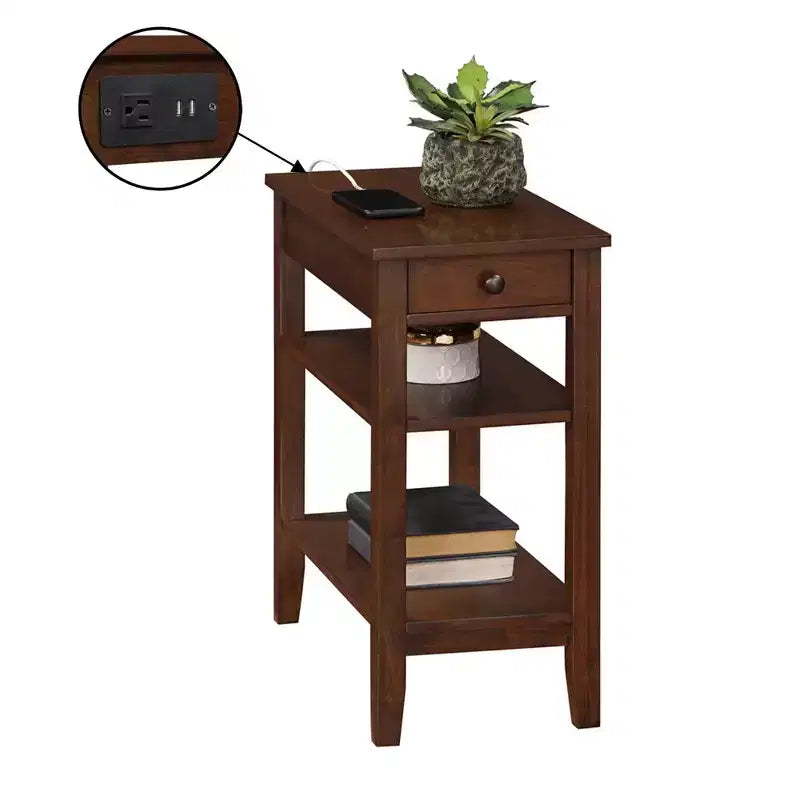 Table d'appoint HomeStock Belmont avec tiroir, station de charge intégrée, ports USB et trois étagères, table d'appoint moderne pour le rangement à domicile
