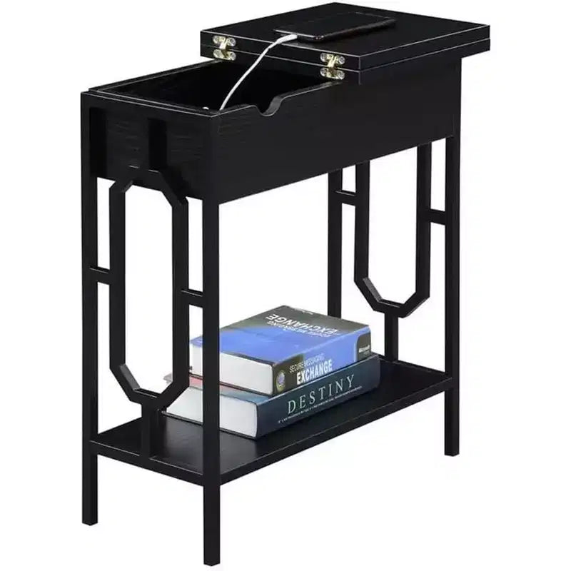 Table d'appoint relevable HomeStock Belmont avec station de recharge dissimulée, deux prises, deux ports USB et compartiment de rangement caché