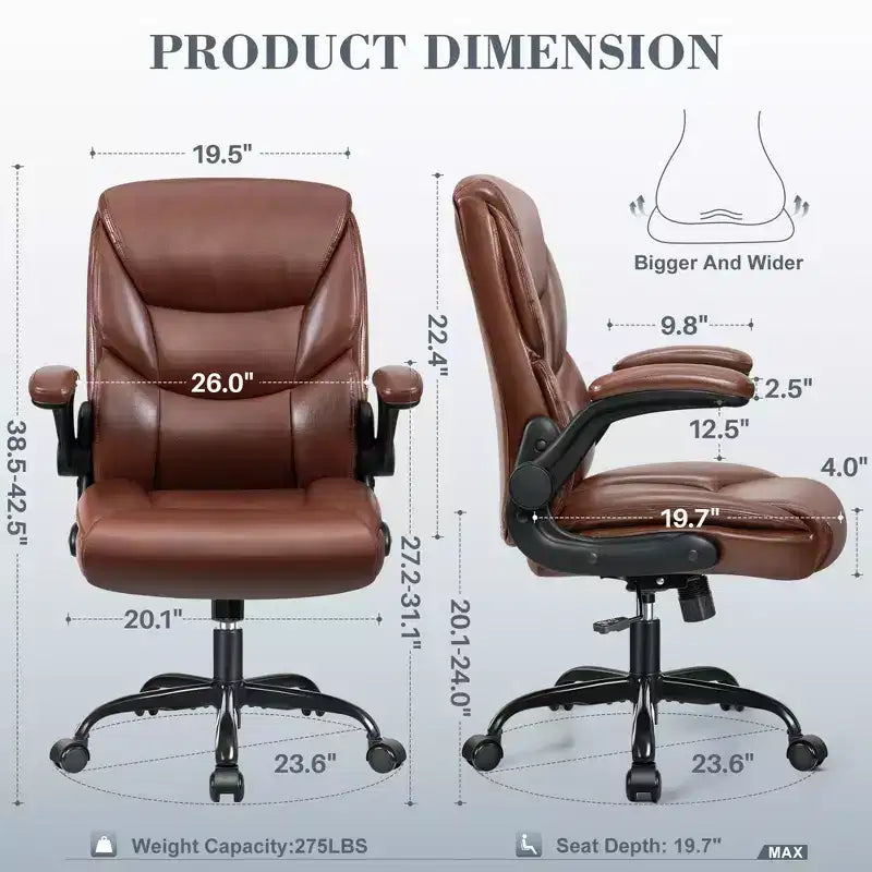 Chaise de bureau KERDOM, chaise de bureau en cuir PU pivotante avec hauteur réglable, marron