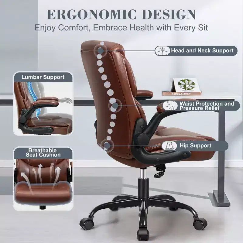 Chaise de bureau KERDOM, chaise de bureau en cuir PU pivotante avec hauteur réglable, marron