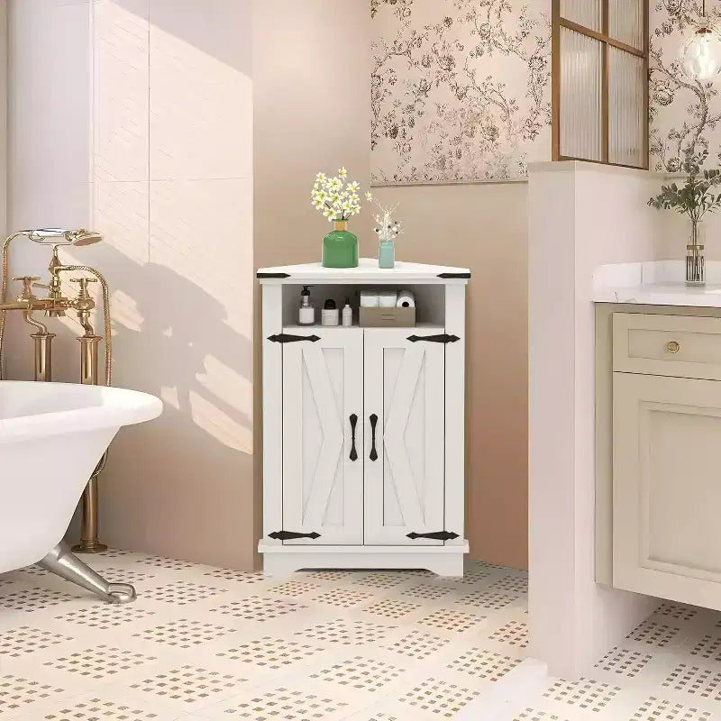 Meuble de Salle de Bain de Ferme avec Rangement Petit Meuble d'Angle avec Portes Coulissantes et Étagère Réglable pour Petits Espaces, Cuisine, Salon