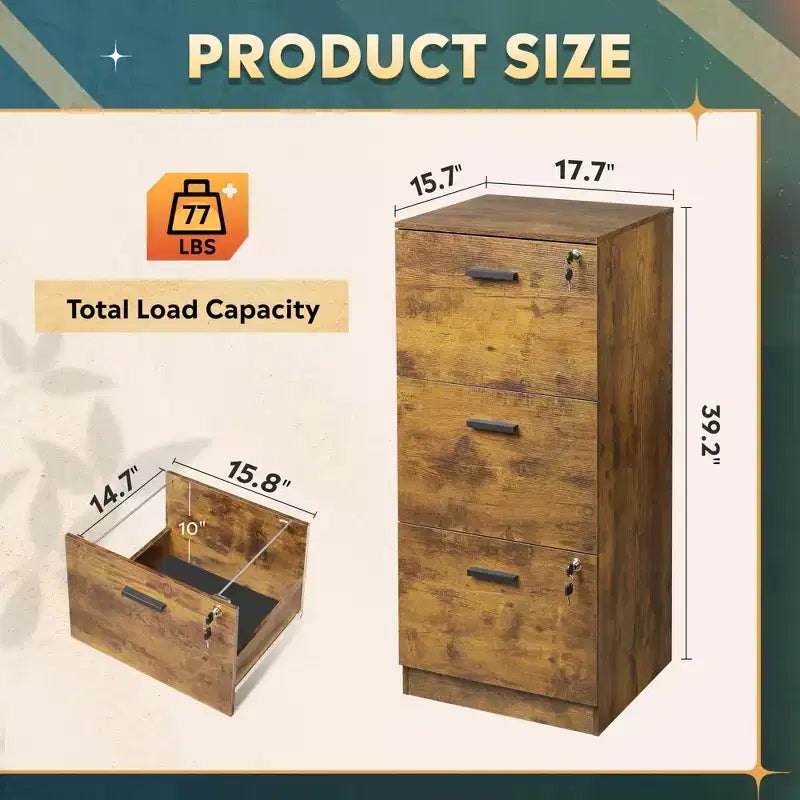 Meuble de classement vertical GALAXHERO à 3 tiroirs en bois avec serrure - Rangement pour bureau à domicile et support d'imprimante pour formats lettre/A4