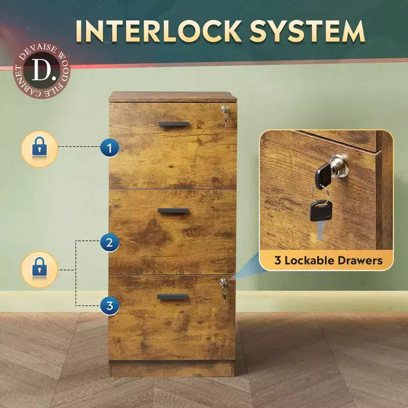 Meuble de classement vertical GALAXHERO à 3 tiroirs en bois avec serrure - Rangement pour bureau à domicile et support d'imprimante pour formats lettre/A4