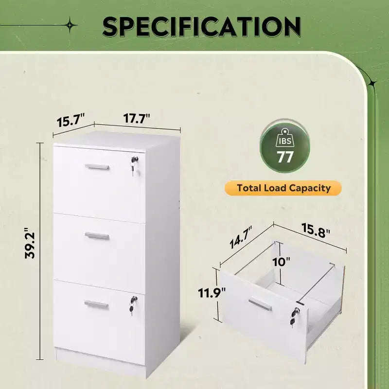 Meuble de classement vertical GALAXHERO à 3 tiroirs en bois avec serrure - Rangement pour bureau à domicile et support d'imprimante pour formats lettre/A4
