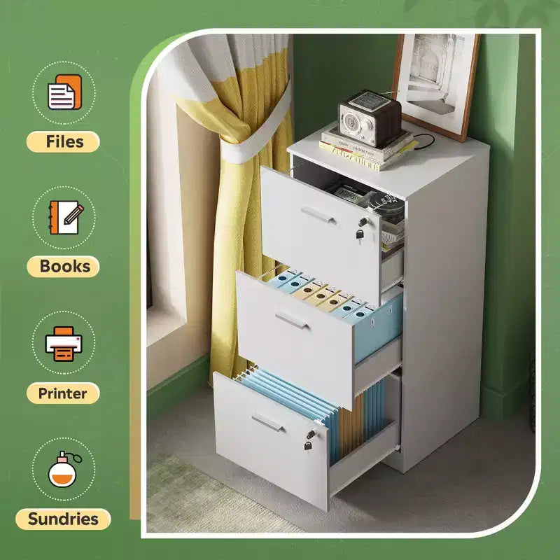 Meuble de classement vertical GALAXHERO à 3 tiroirs en bois avec serrure - Rangement pour bureau à domicile et support d'imprimante pour formats lettre/A4