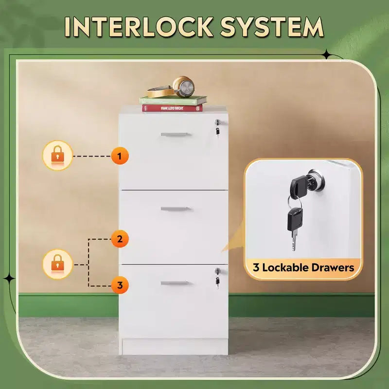 Meuble de classement vertical GALAXHERO à 3 tiroirs en bois avec serrure - Rangement pour bureau à domicile et support d'imprimante pour formats lettre/A4