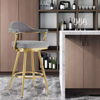 Chaise de bar pivotante HomeRoots de 30 po de hauteur, dossier bas, en tissu gris et or et acier inoxydable