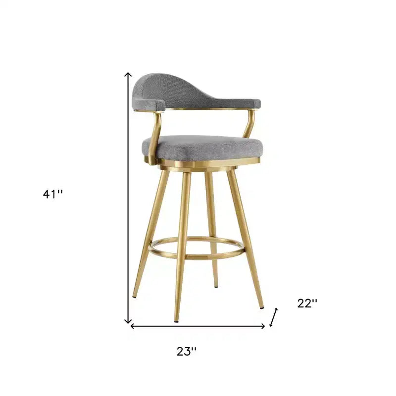 Chaise de bar pivotante HomeRoots de 30 po de hauteur, dossier bas, en tissu gris et or et acier inoxydable