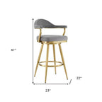 Chaise de bar pivotante HomeRoots de 30 po de hauteur, dossier bas, en tissu gris et or et acier inoxydable