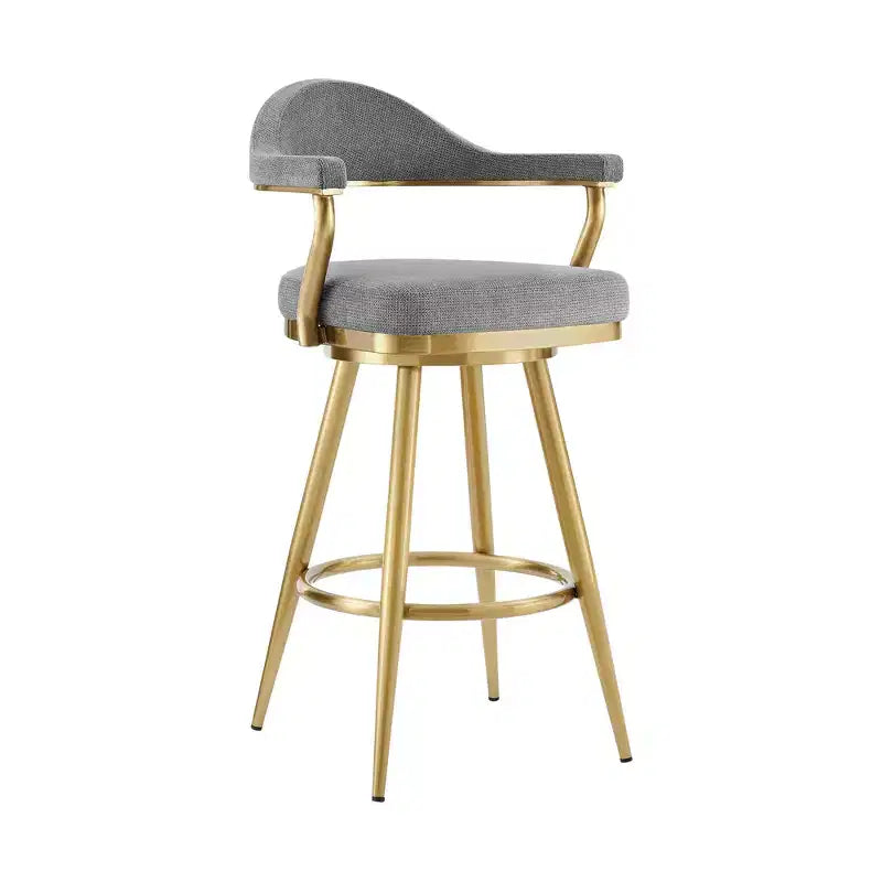 Chaise de bar pivotante HomeRoots de 30 po de hauteur, dossier bas, en tissu gris et or et acier inoxydable