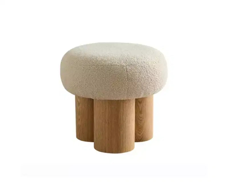 Tabouret d'appoint rond Homy Casa avec revêtement Bouclé et pieds cylindriques en bois massif, beige