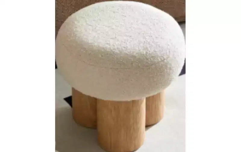 Tabouret d'appoint rond Homy Casa avec revêtement Bouclé et pieds cylindriques en bois massif, beige