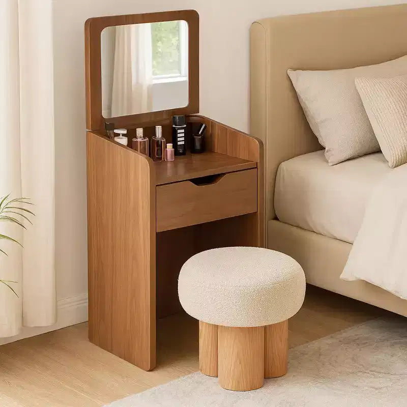 Tabouret d'appoint rond Homy Casa avec revêtement Bouclé et pieds cylindriques en bois massif, beige