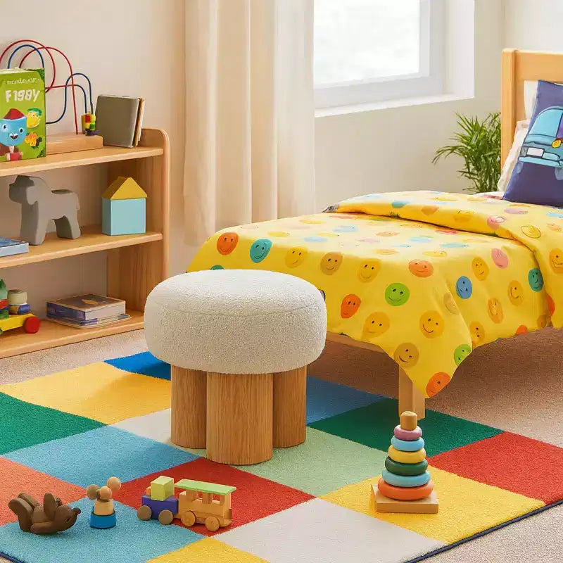 Tabouret d'appoint rond Homy Casa avec revêtement Bouclé et pieds cylindriques en bois massif, beige
