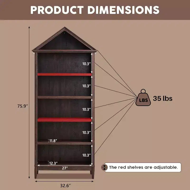 Étagère à livres avec tablettes réglables, grande étagère de rangement de 75,9 pouces de hauteur, bibliothèque à 5 niveaux avec étagères ouvertes et dessus triangulaire