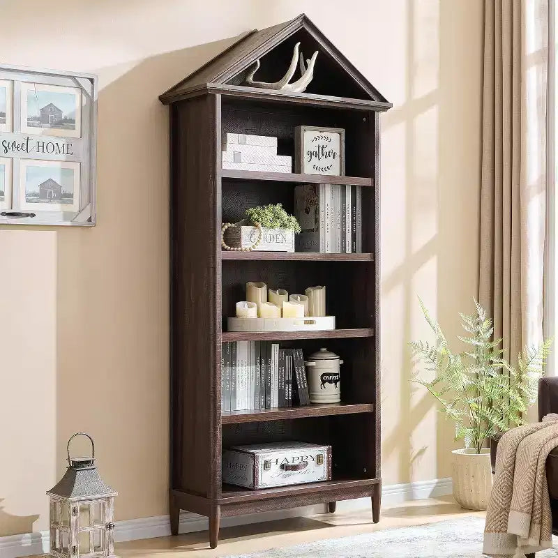 Bookshelf with Adjustable Shelves, 75.9 Tall Wide Bookshelf with Storage, 5 Tiers Open Shelves Bookcase with Triangular Top