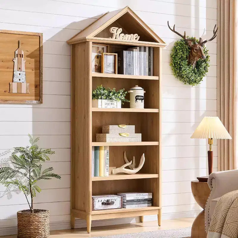 Étagère à livres avec tablettes réglables, grande étagère de rangement de 75,9 pouces de hauteur, bibliothèque à 5 niveaux avec étagères ouvertes et dessus triangulaire