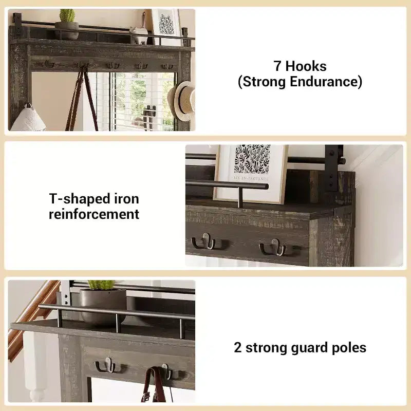 COZONY Arbre d'entrée 5-en-1 avec rangement à chaussures, support latéral réglable, porte-manteau et coiffeuse, design d'angle pour couloir, salon, buanderie