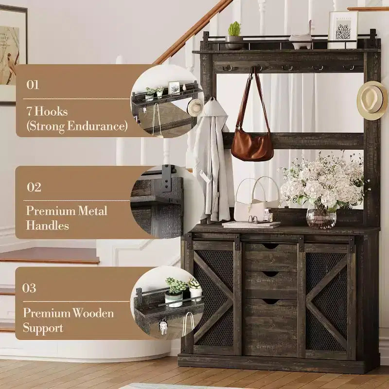 COZONY Arbre d'entrée 5-en-1 avec rangement à chaussures, support latéral réglable, porte-manteau et coiffeuse, design d'angle pour couloir, salon, buanderie