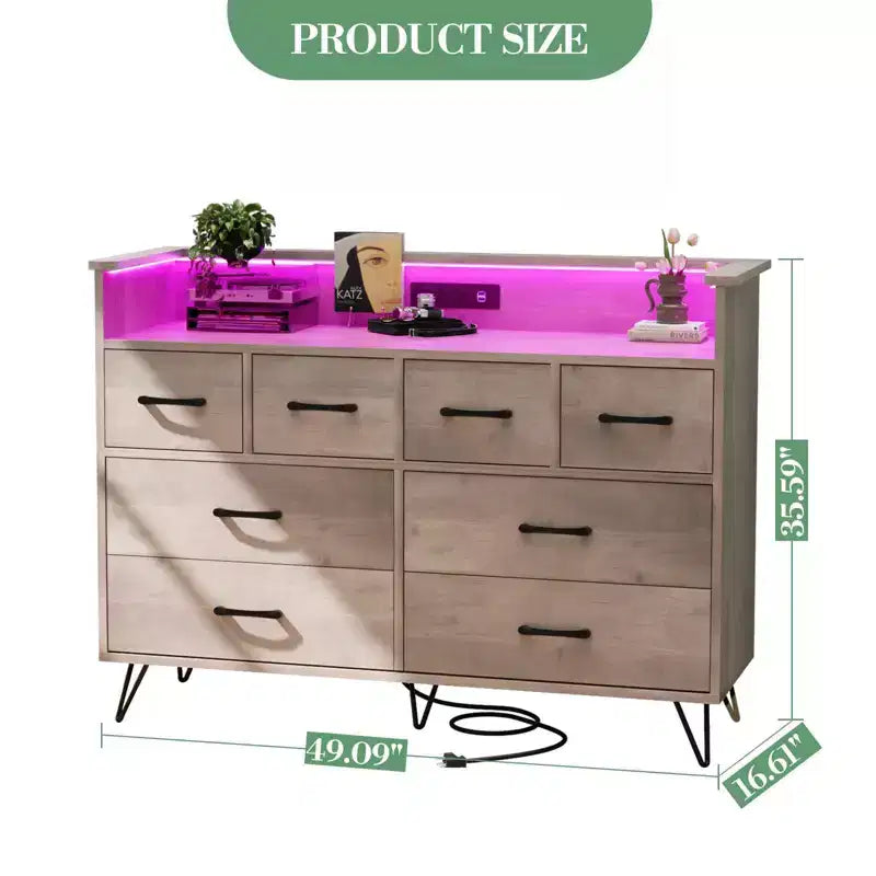 Meuble TV commode COZONY 8 tiroirs, centre de divertissement en bois avec éclairage LED, station de charge, grand rangement pour chambre et salon