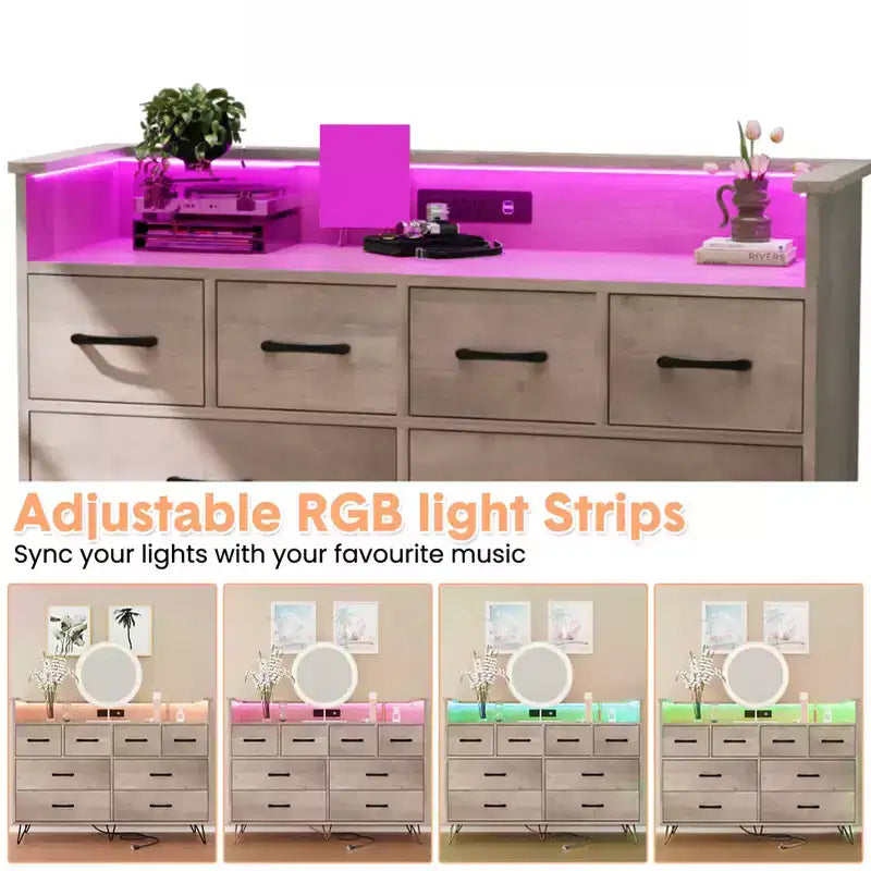 Meuble TV commode COZONY 8 tiroirs, centre de divertissement en bois avec éclairage LED, station de charge, grand rangement pour chambre et salon