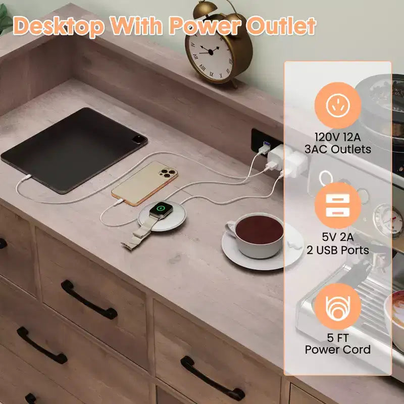 Meuble TV commode COZONY 8 tiroirs, centre de divertissement en bois avec éclairage LED, station de charge, grand rangement pour chambre et salon