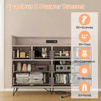 Meuble TV commode COZONY 8 tiroirs, centre de divertissement en bois avec éclairage LED, station de charge, grand rangement pour chambre et salon