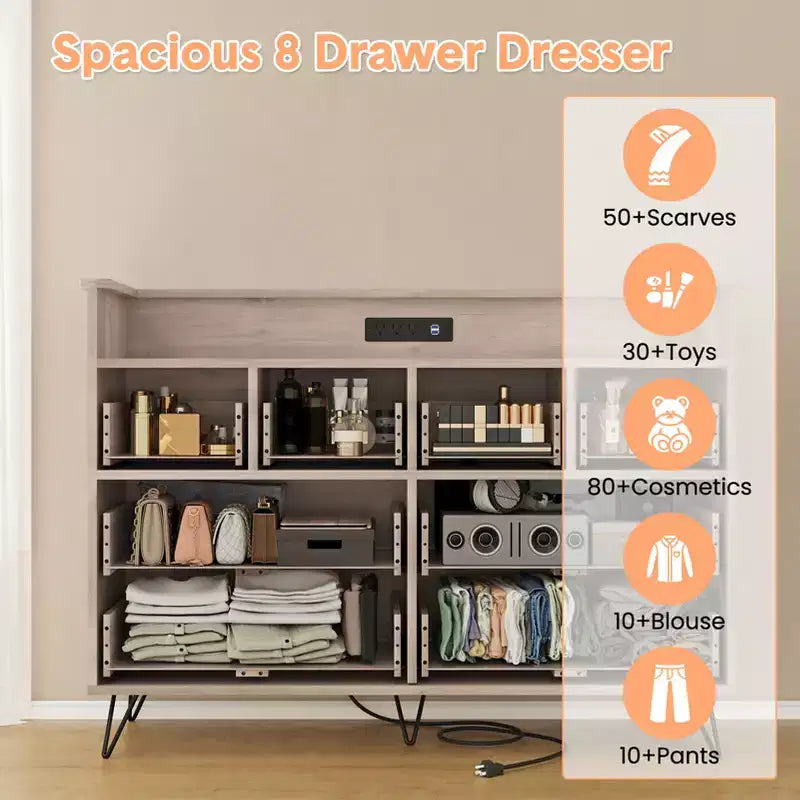 Meuble TV commode COZONY 8 tiroirs, centre de divertissement en bois avec éclairage LED, station de charge, grand rangement pour chambre et salon